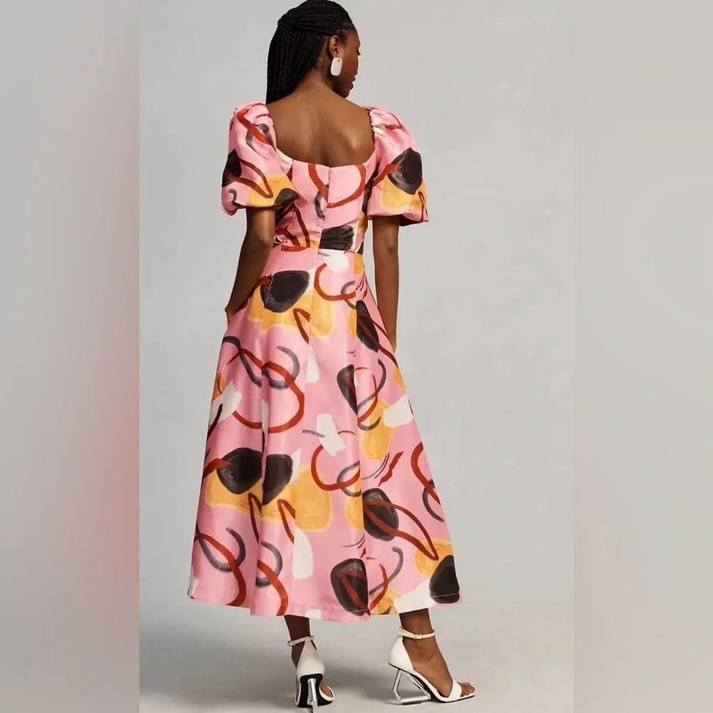 Aureta Studio Pink Abstract Puff Sleeve Cutout Midi Dress NWT Size S Anthro - Picture 12 of 12
